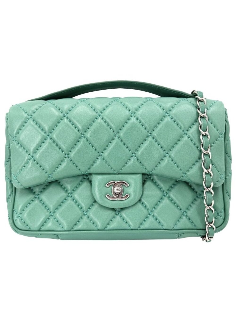 Chanel 2-Way Quilted Shoulder Bag CC Logo Crossbody Leather Green Silver